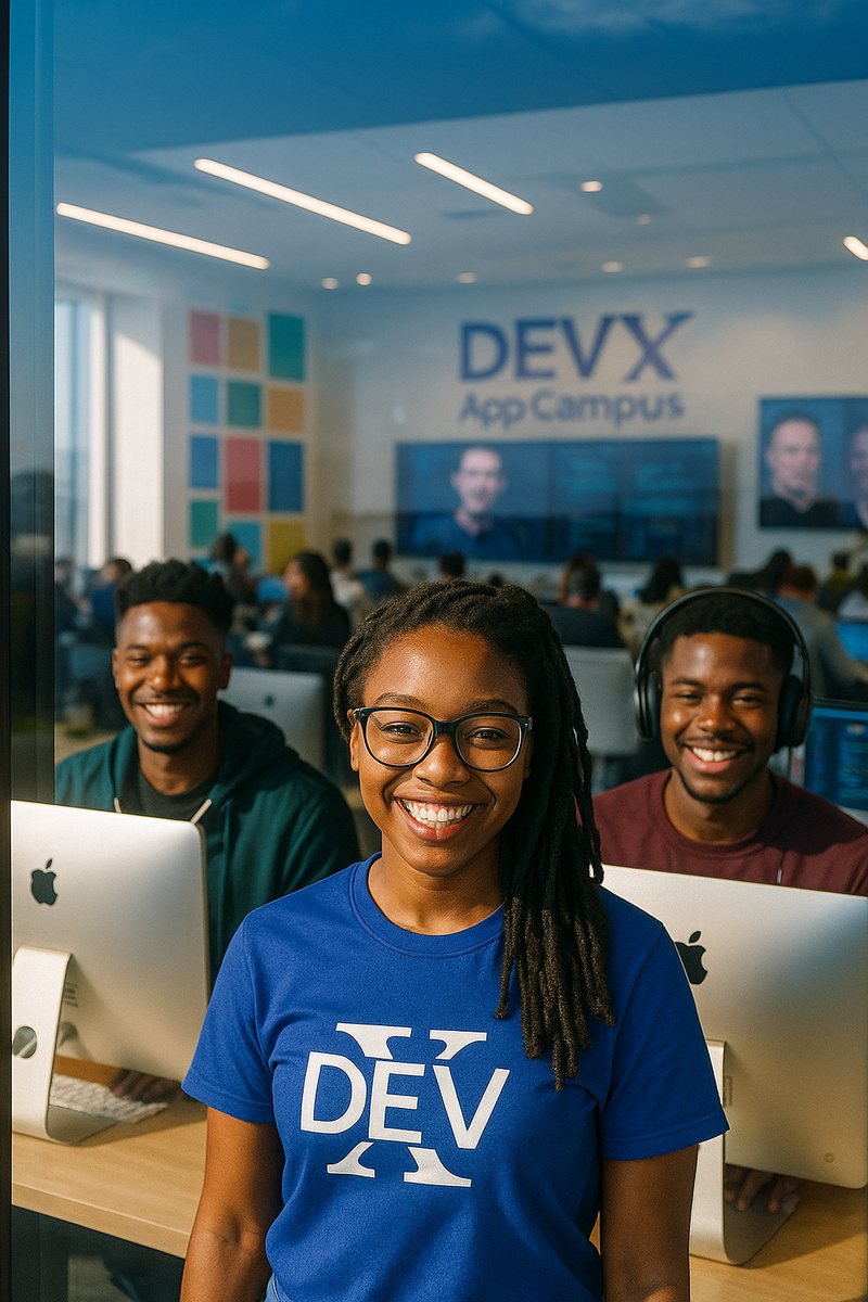 Illustration of the DevX App Campus brand in a modern workspace