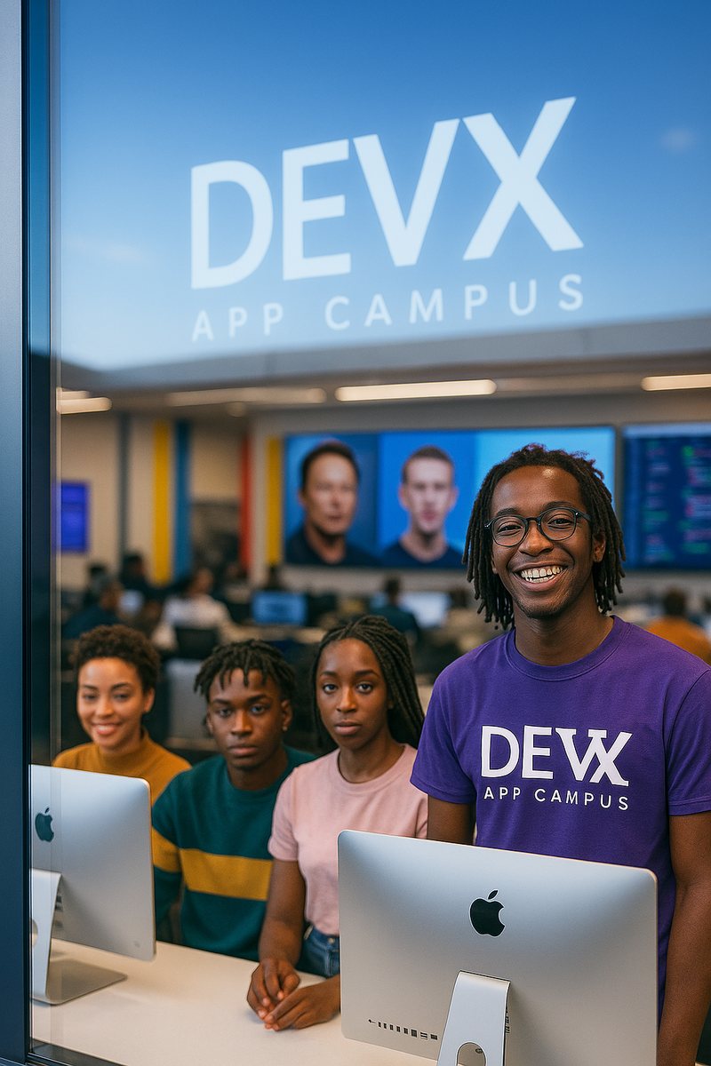 Illustration of the DevX App Campus brand on a glass wall